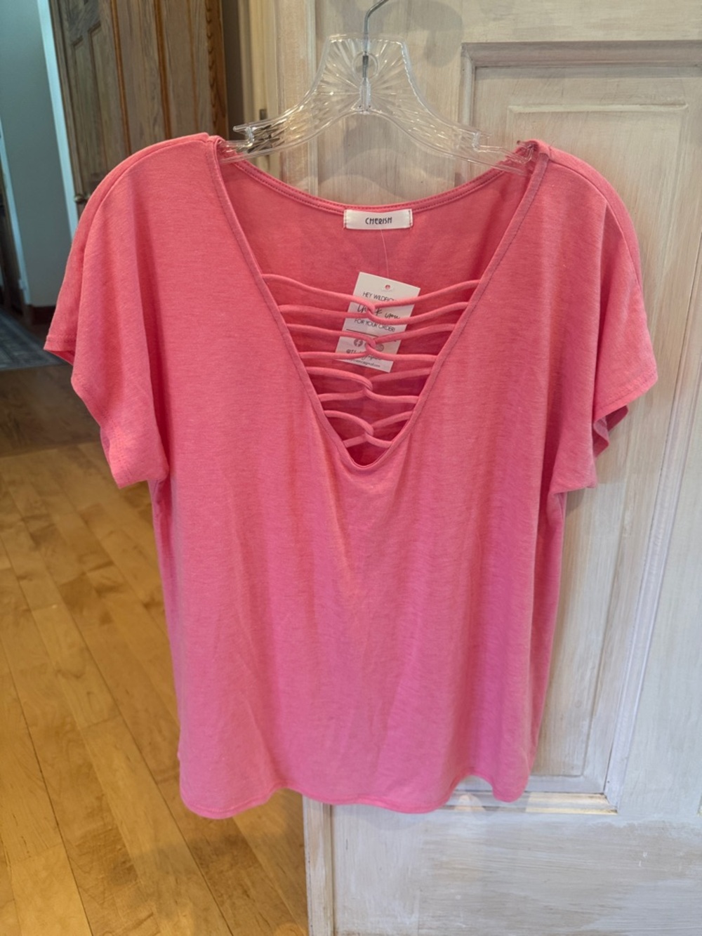 Cherish Pink Lattice V-Neck Short Sleeve Top